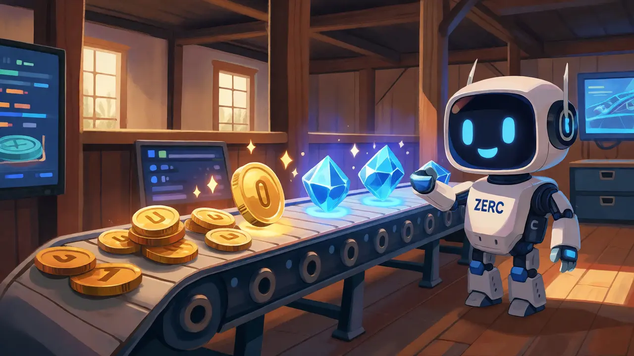 Robot guide transforming old DERC coins into new ZERC crystals on a conveyor belt