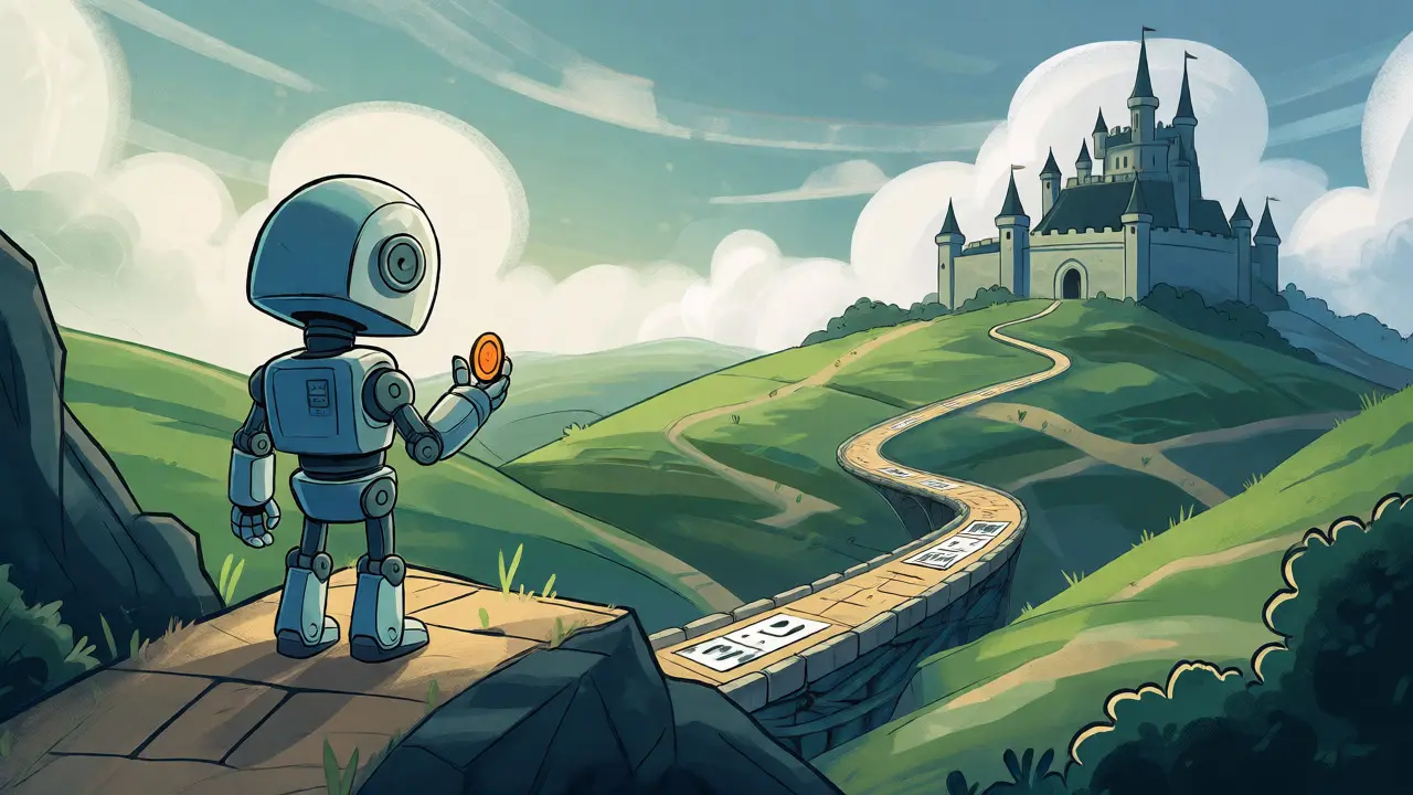 Robot on a path facing a wire-transfer bridge to a distant exchange castle.