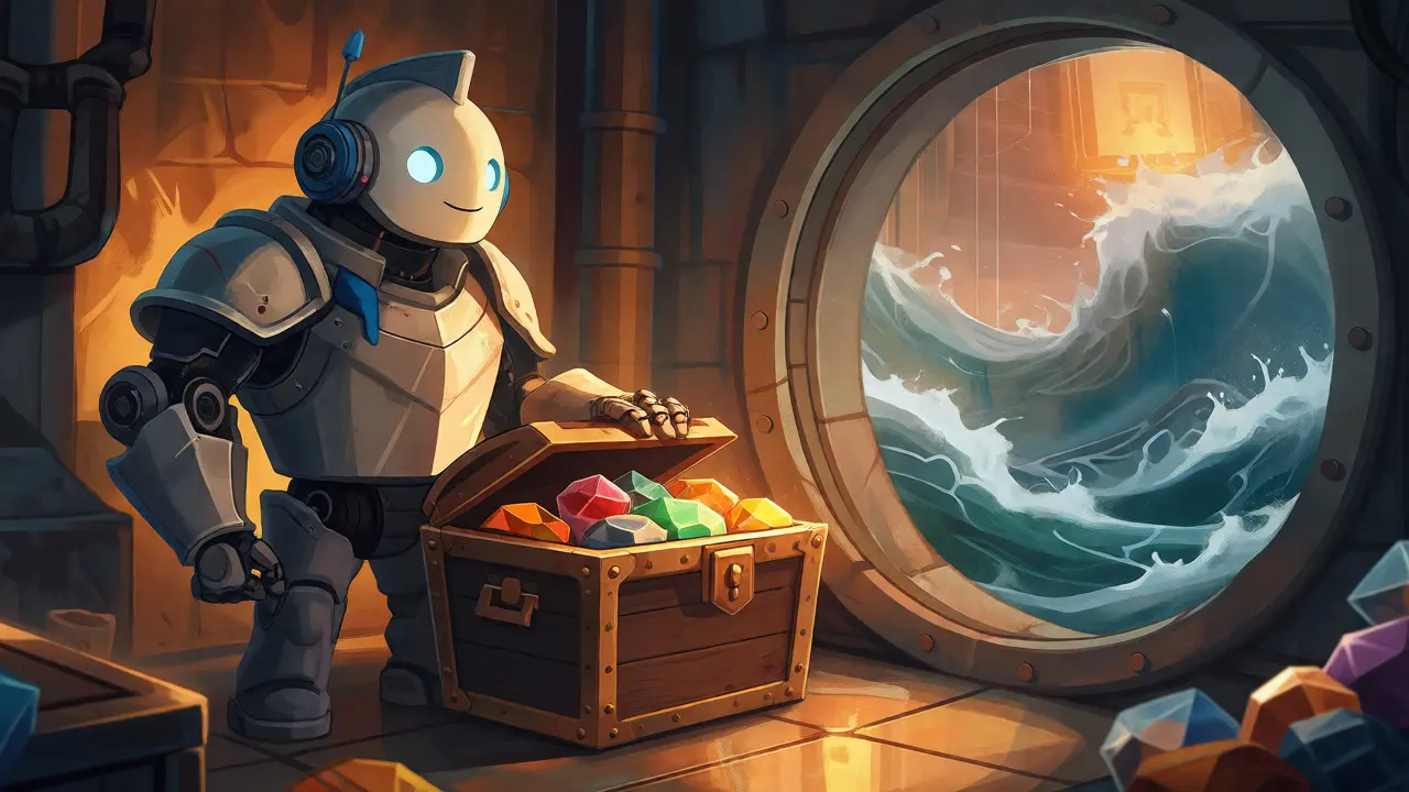 Secure vault with curated crypto gems guarded by a robot in storybook art