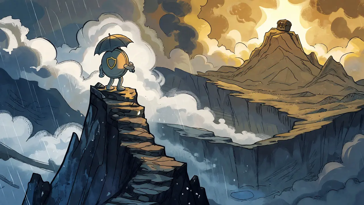 Small token character navigating a risky, volatile mountain path toward future gains.