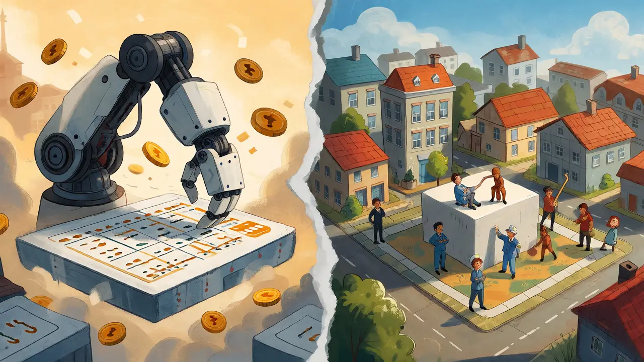 Split scene showing trading bot vs multi-sector platform concepts.