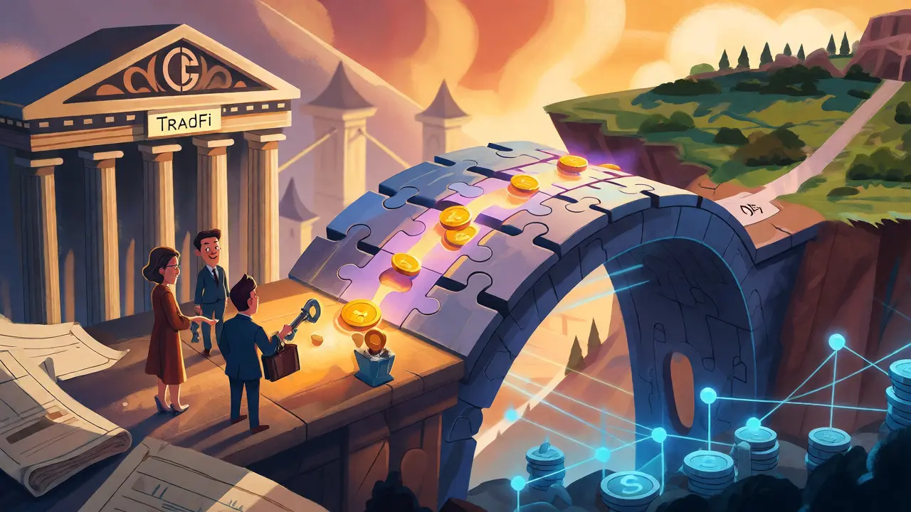 Storybook bridge connecting traditional finance to tokenized digital assets