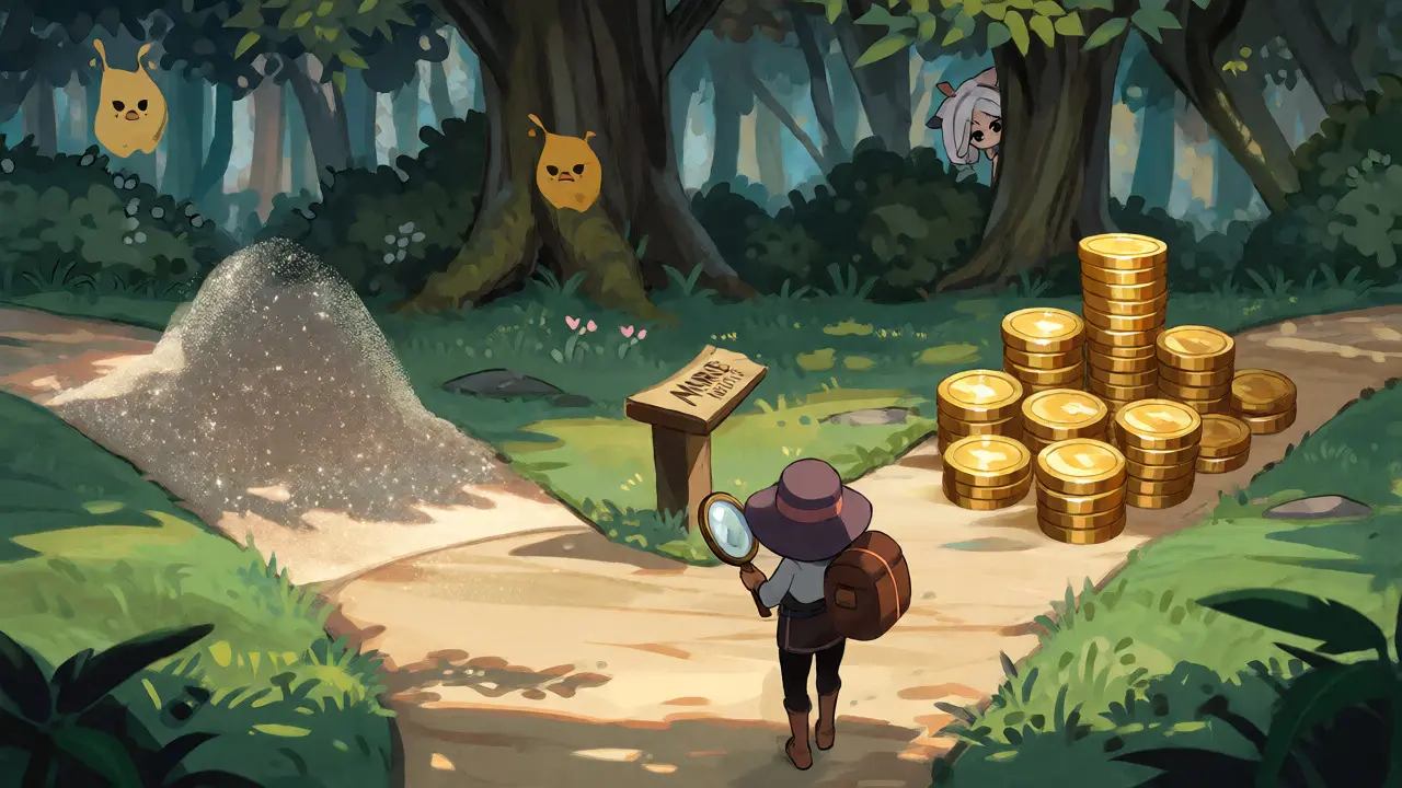 Traveler comparing a mountain of dust to stacked gold coins in a forest