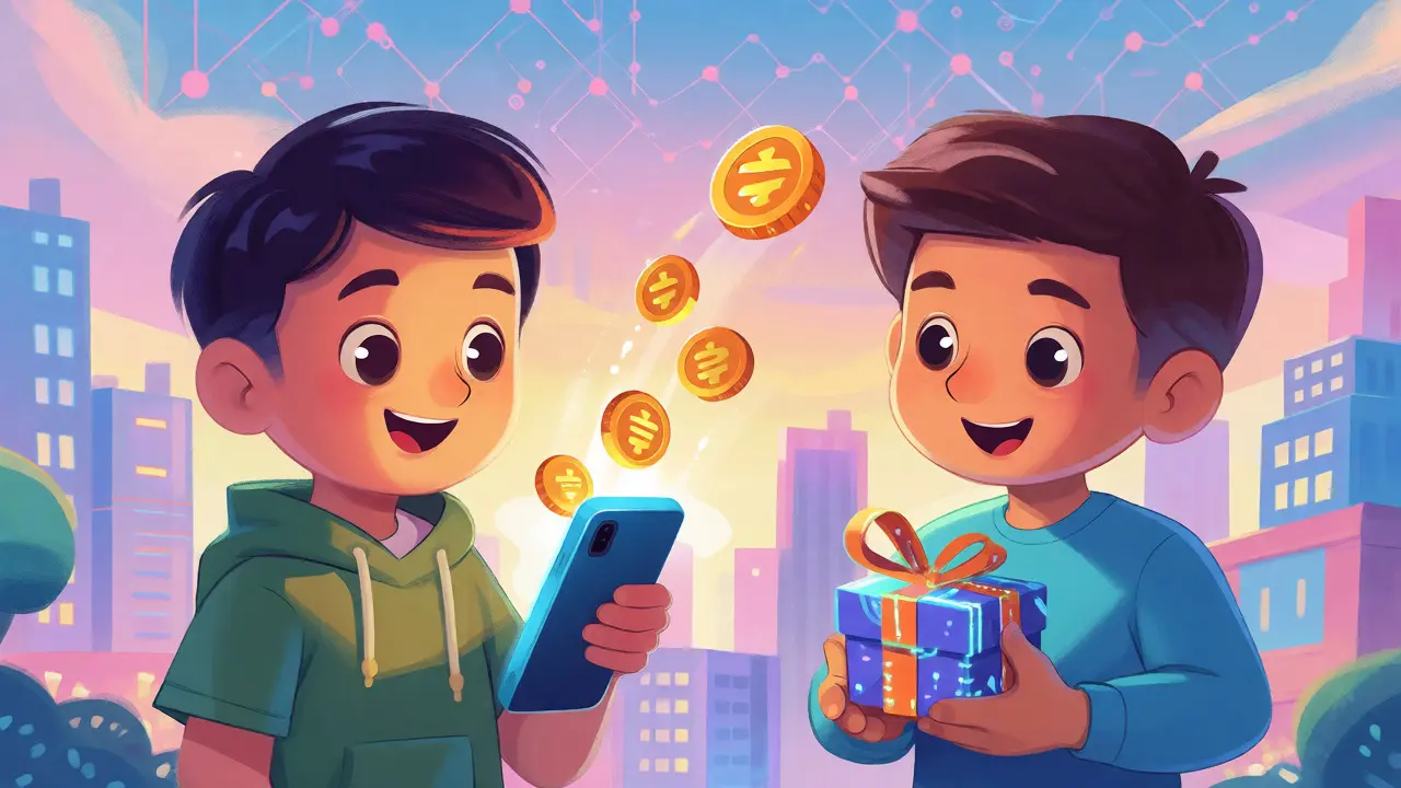 Two cartoon characters exchanging digital gifts and tokens via a smartphone.
