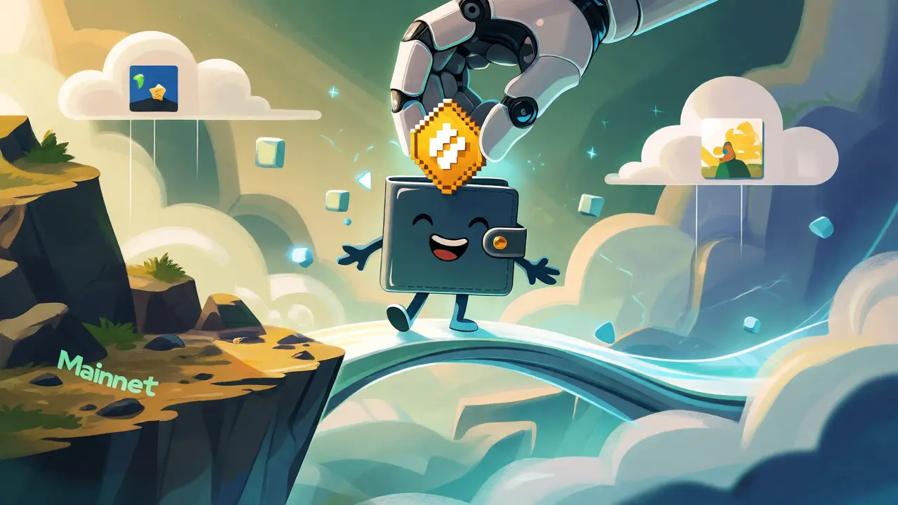 Whimsical cartoon showing a wallet character receiving a badge on a smooth blockchain bridge.