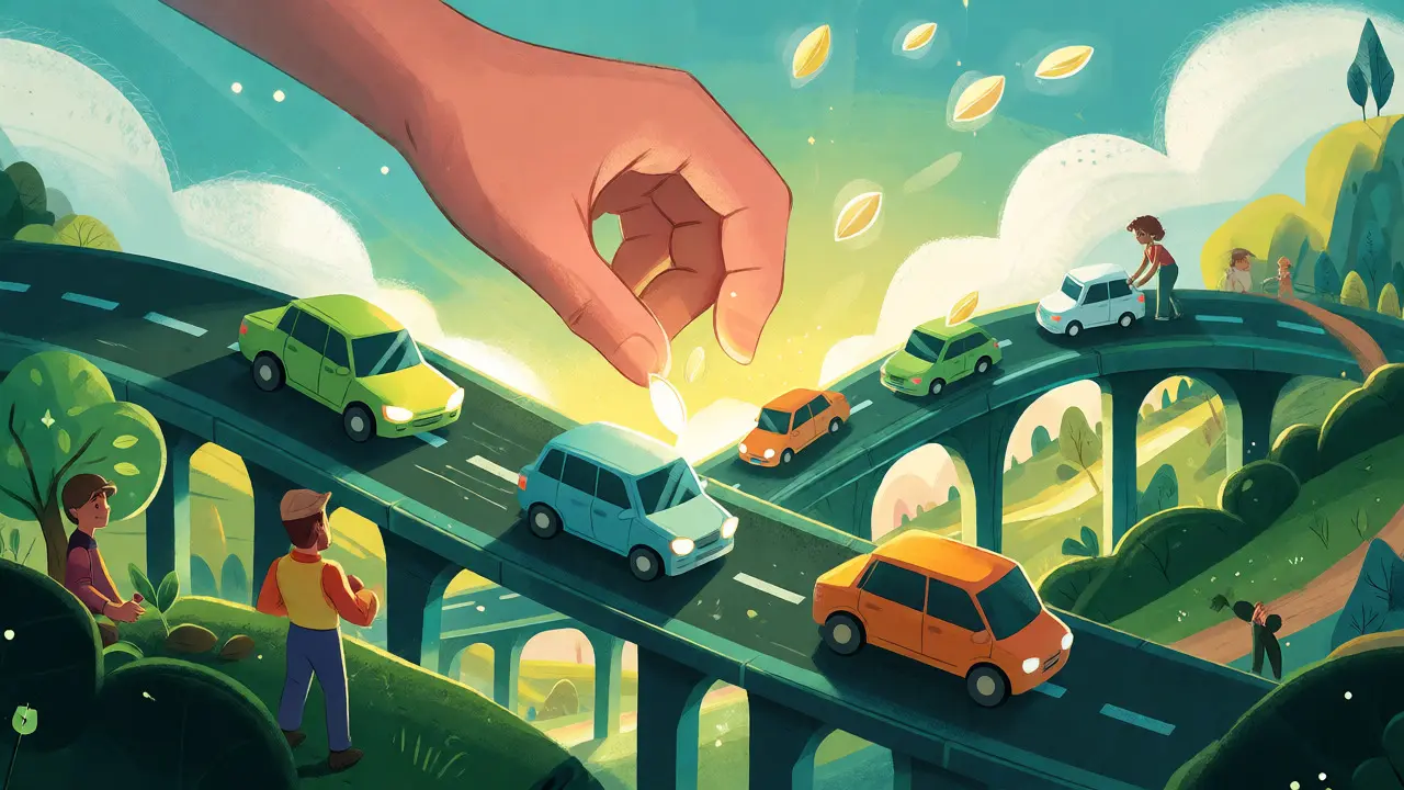 Whimsical digital highway with a hand sprinkling rewards on users engaging in DeFi activities.