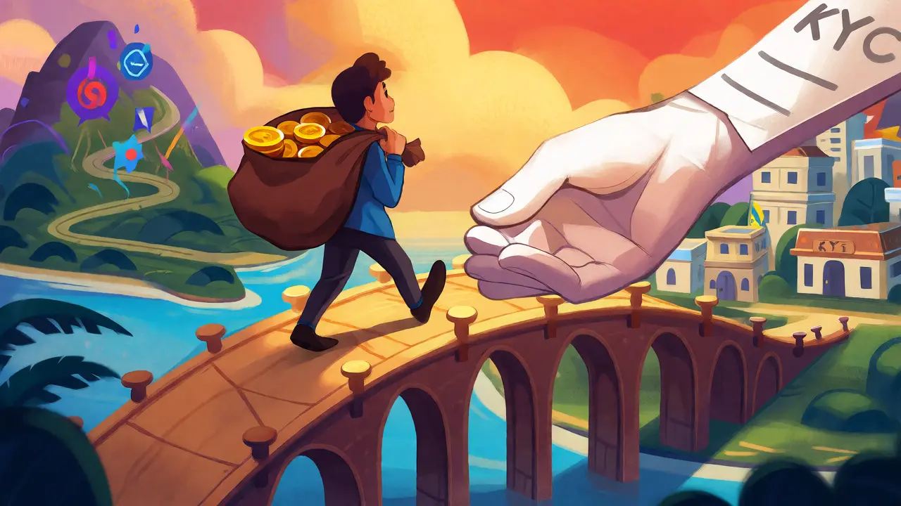 Character caught by KYC hands while crossing a bridge from crypto island.
